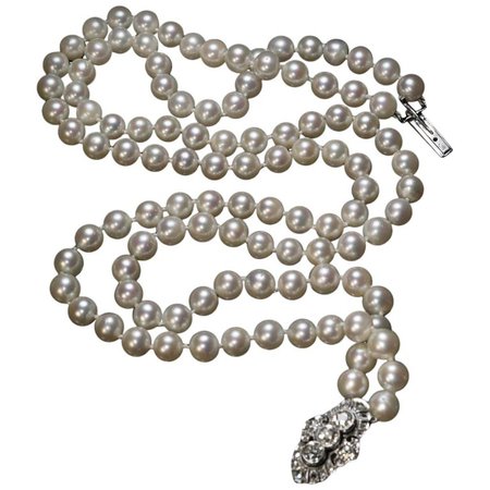 Vintage Double Strand Pearl Necklace with Diamond Clasp at 1stdibs