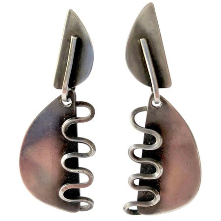 Sterling Silver Midcentury American Modernist Squiggle Earrings For Sale at 1stDibs