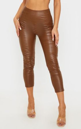 Chocolate Daysha Cropped Faux Leather Trousers | PrettyLittleThing