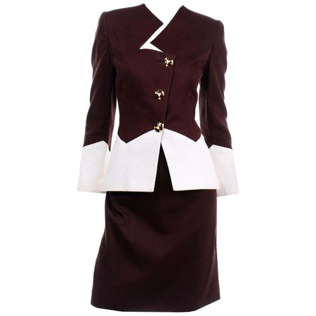 Travilla Vintage Skirt & Jacket Suit in Brown & White Cotton Pique