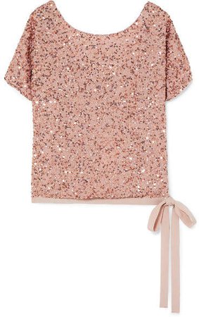 Grosgrain-trimmed Sequined Chiffon Top - Blush