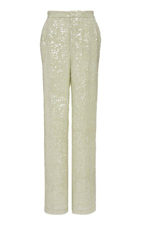 Sequined Crepe Straight Leg Green Pants