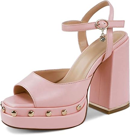 Amazon.com | HeneiKecci Chunky Platform Heels for Women Pumps Pink Block High Heels Dress Shoes Square Toe Ankle Strap Sandals | Heeled Sandals