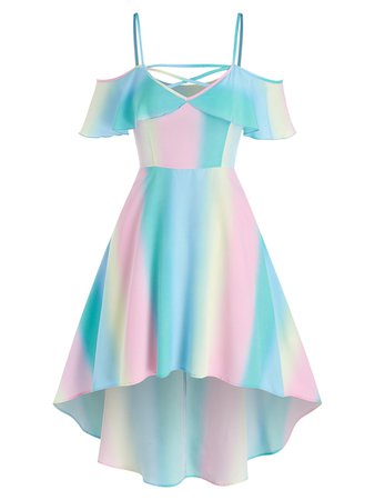 [32% OFF] 2021 Cold Shoulder Rainbow High Low Dress In Multicolor | DressLily