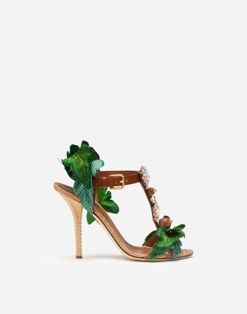 Sandals In Cowhide With Leaf Applique And Bejeweled Embroidery