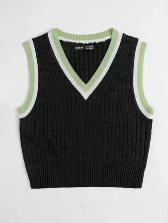 Striped Trim Sweater Vest | SHEIN USA black