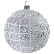 Glass ball with white ribbons - large handmade glass christmas ornament