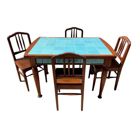 Antique Turquoise Tile-Topped Dining Table With Four Chairs - 5 Pieces | Chairish