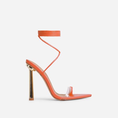 Kamali Clear Perspex Strap Lace Up Pointed Toe Metallic Heel In Orange Faux Leather | EGO