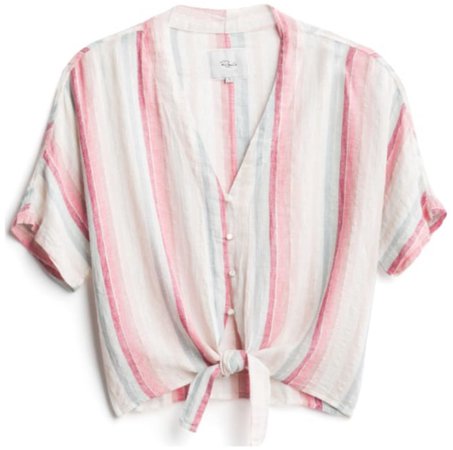 pink blue and white stripe cropped button down tie front