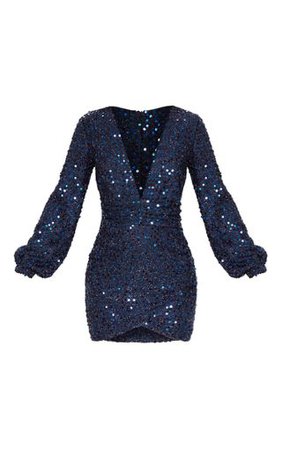 Navy Sequin Plunge Long Sleeve Bodycon Dress | PrettyLittleThing