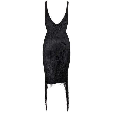 F/W 2002 Gucci Tom Ford OOAK Plunging 20's Flapper Beaded Fringe Black Dress