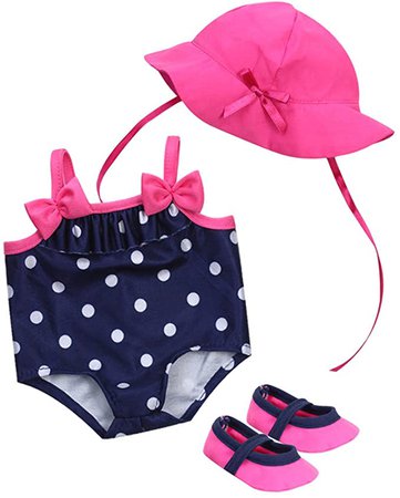 Amazon.com: Sophia's 15 Inch Baby Doll Bathing Suit Navy Polka Dot Baby Doll Bathing Suit, Hot Pink Hat & Matching Water Shoes | Perfect for Bitty Baby Dolls & More!: Toys & Games
