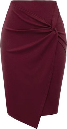 Women's Back Split Asymmetrical Wrap Front Office Pencil Skirt Wine Red, Medium at Amazon Women’s Clothing store