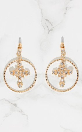 Gold Diamante Mini Cross Hoop Drops Earrings