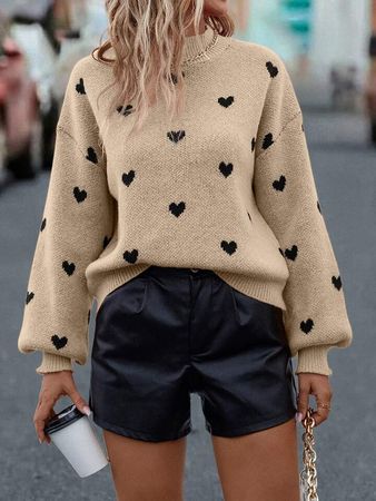 SHEIN Frenchy Heart Pattern Mock Neck Drop Shoulder Sweater | SHEIN