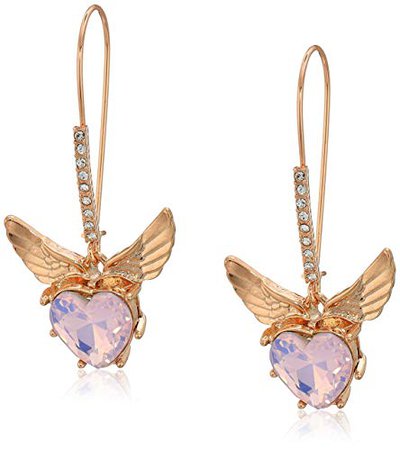Betsey Johnson Stone Heart and Wings Long Drop Earrings, Pink, One Size: Jewelry