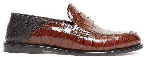 Collapsible Back Crocodile Effect Leather Loafers - Womens - Black Brown