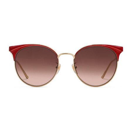 Round-frame metal sunglasses in Shiny gold guilloché metal frame with red enamel details | Gucci Women's Cat Eye