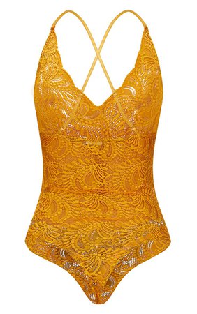 Mustard Sheer Lace Cross Back Bodysuit | Tops | PrettyLittleThing USA