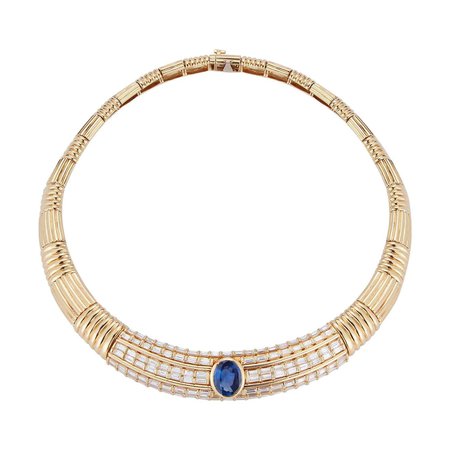 Natural Ceylon Sapphire and Diamond Gold Necklace For Sale at 1stDibs
