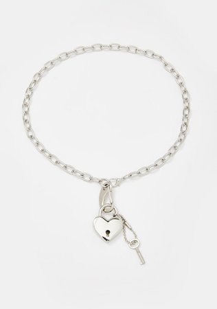 Heart Lock Clip Key Charm Chain Necklace Silver | Dolls Kill