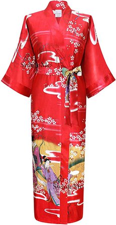 Swhiteme Women's Kimono Robe, Long, One Size, Geisha, Red at Amazon Women’s Clothing store