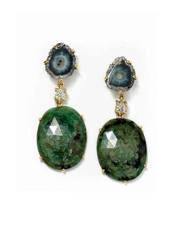 Jan Leslie 18k Bespoke 2-Tier Tribal Luxury Jasper Stalactite, Faceted Emerald, and Diamond Earrings