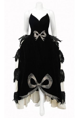 1940's Brooks Costume Couture Beaded Black Velvet Strapless Corset Bustle Gown, Los Angeles Vintage, Beverly Hills Vintage