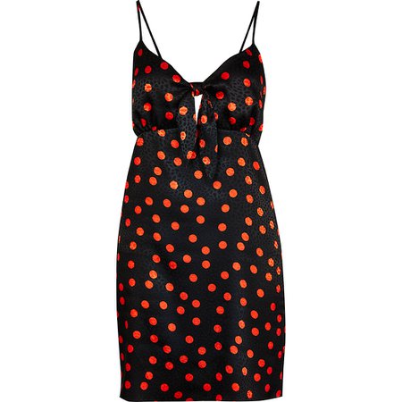Black spot print knot front mini slip dress | River Island
