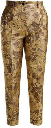 Floral Jacquard High Rise Cropped Trousers - Womens - Gold