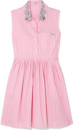 Embellished Striped Cotton-poplin Mini Dress - Pink