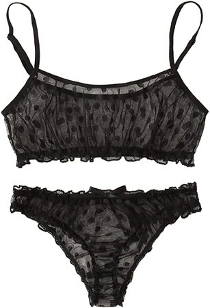 Amazon.com: WDIRARA Women's Sexy Polka Dot Mesh Frill Trim Spaghetti Strap Lingerie Set Black S: Clothing