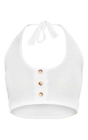 Cream Ribbed Halterneck Button Crop Top | PrettyLittleThing