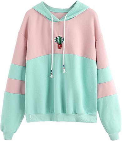 SweatyRocks Women‘s Long Sleeve Colorblock Pullover Fleece Hoodie Sweatshirt Top Green Pink M at Amazon Women’s Clothing store