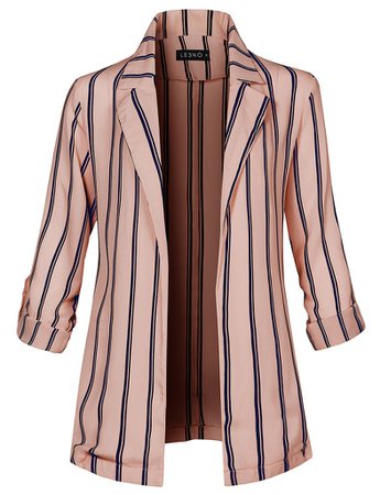LE3NO Womens Ultra Lightweight Open Front Roll Up Long Sleeve Striped Oversized Blazer | LE3NO pink