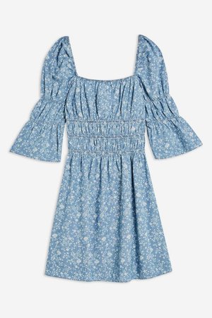 Shirred Floral Print Denim Dress | Topshop blue