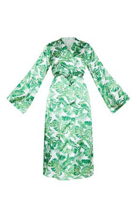 Green Palm Print Satin Robe | PrettyLittleThing
