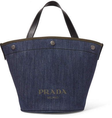 Leather-trimmed Printed Denim Tote - Blue