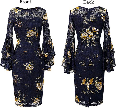 Vfshow Womens Navy Blue Lace Yellow Floral Print Bell Sleeves Cocktail Party Slim Bodycon Pencil Sheath Dress 5335 BLU S at Amazon Women’s Clothing store