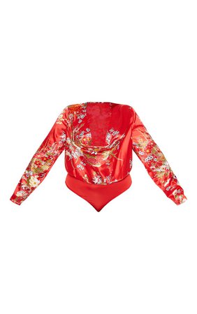 Plus Red Oriental Print Satin Long Sleeve Bodysuit | PrettyLittleThing USA