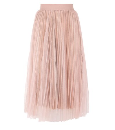 Petite Pale Pink Glitter Mesh Pleated Midi Skirt | New Look