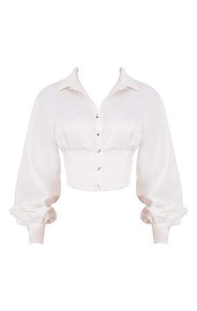 Clothing : Tops : Mistress Rocks 'Smooth Operator' White Satin Corset Crop Shirt