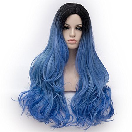 Alacos Synthetic 75CM Long Curly Rainbow Color Ombre Halloween Costumes Cosplay Harajuku Wigs for Women Lady Girl +Free Wig Cap (Black Ombre to Blue)