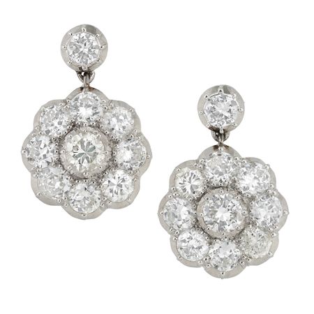 A mid-20th century diamond cluster drop earrings – Bentley & Skinner – The Mayfair antique and bespoke jewellery shop in the heart of London