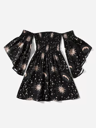 Sun & Moon Graphic Off The Shoulder Shirred Flounce Sleeve Dress | ROMWE USA