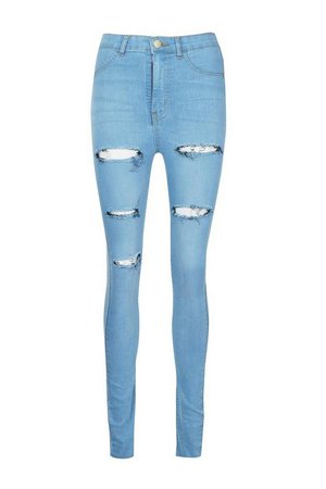Tall Light Wash Ripped Jeggings | Boohoo blue