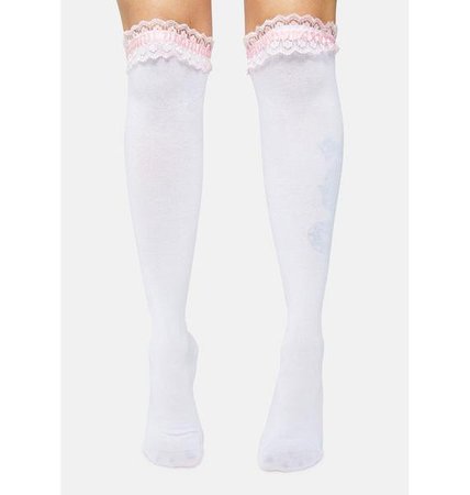 Lace Trim And Bow Knee High Socks - White/Pink | Dolls Kill
