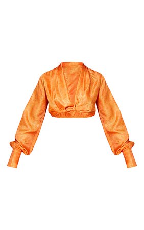 Orange Satin Twist Front Long Sleeve Crop Top | PrettyLittleThing USA