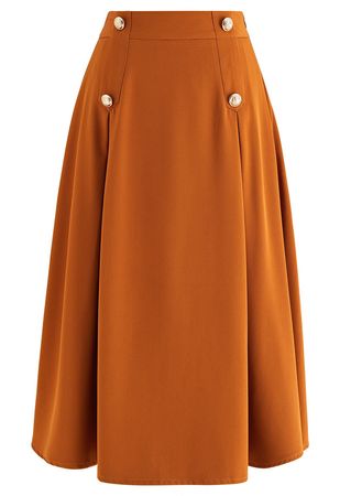 Buttoned Pleated A-Line Skirt in Pumpkin - Retro, Indie and Unique Fashion